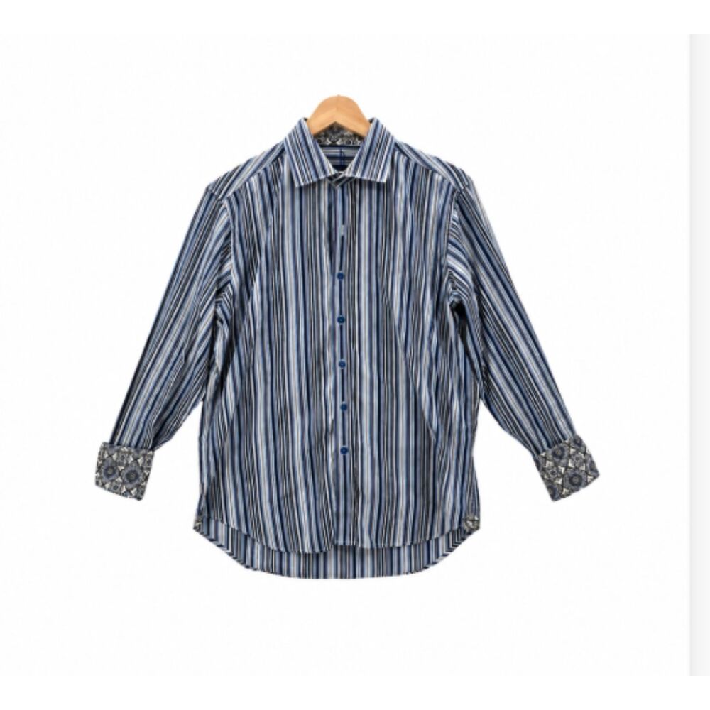 Robert Graham Mens M Blue White Gray Striped Button Up Long Sleeve Shirt